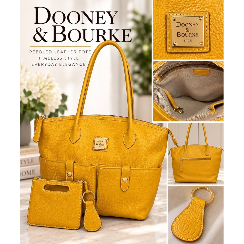 Dooney & Bourke Mustard Yellow Pebble Grain Leather Tote Pouch Key Fob